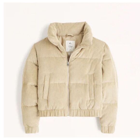 ABERCROMBIE & FITCH Womens Ultra Mini Puffer Jacket NEW Light Brown Corduroy L - Picture 1 of 11